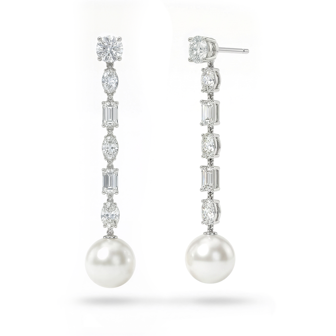 Veil Pearl and Lab Diamond Long Earrings
