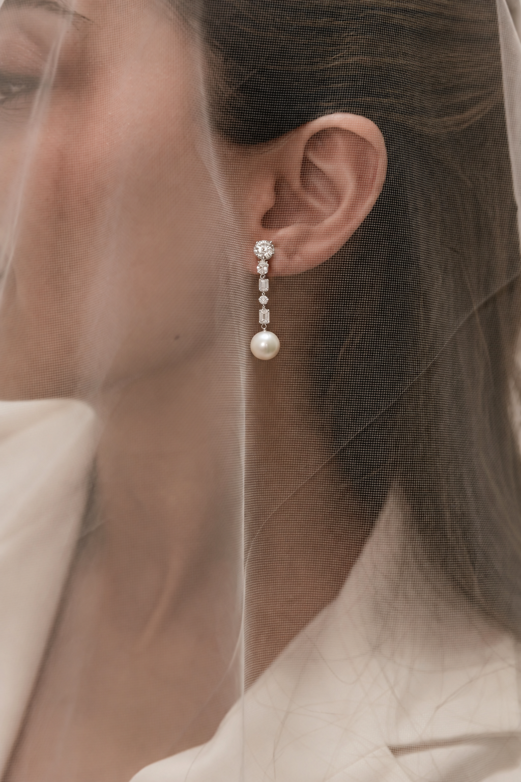 Veil Pearl and Lab Diamond Long Earrings