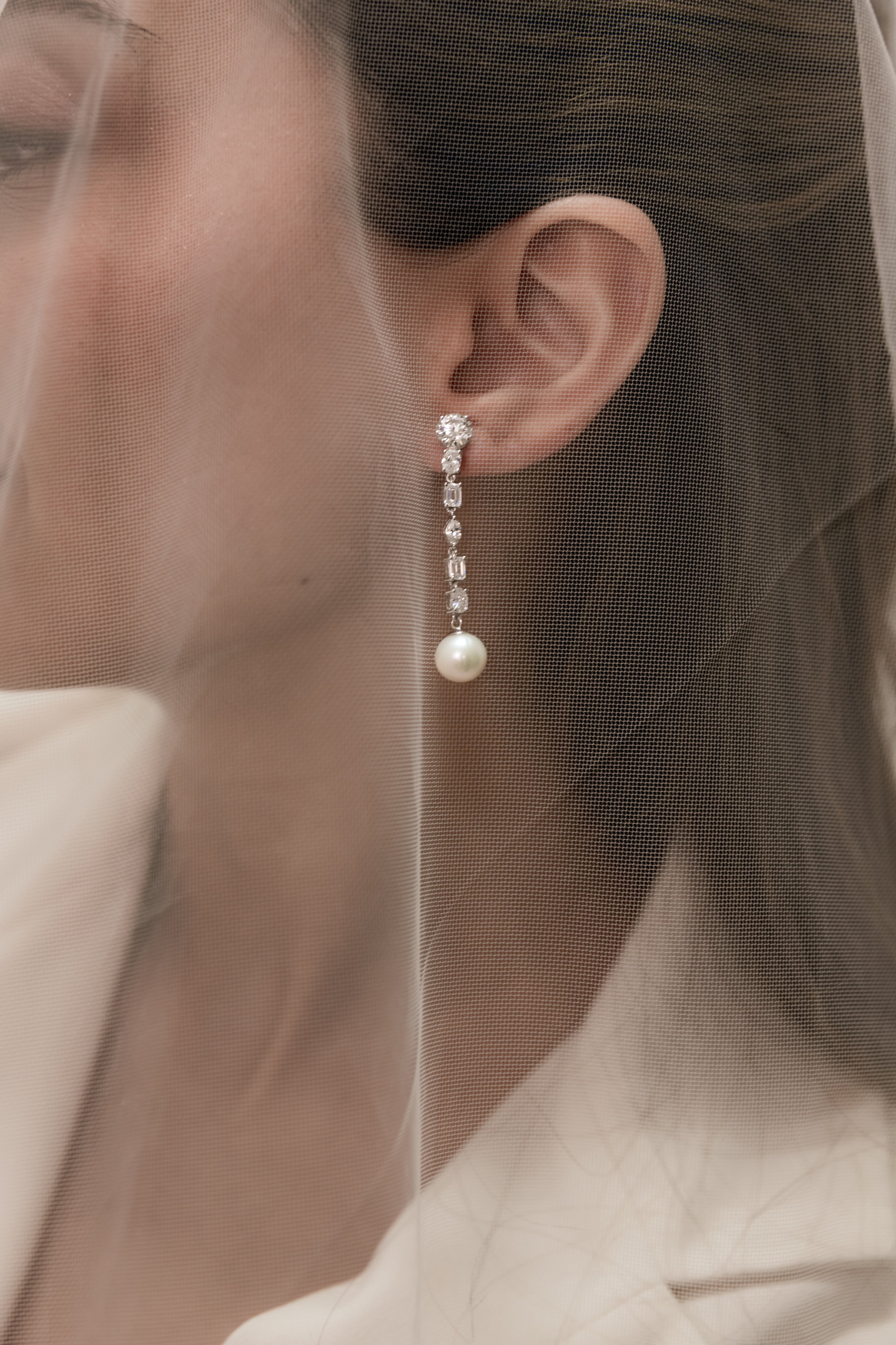 Veil Pearl and Lab Diamond Long Earrings