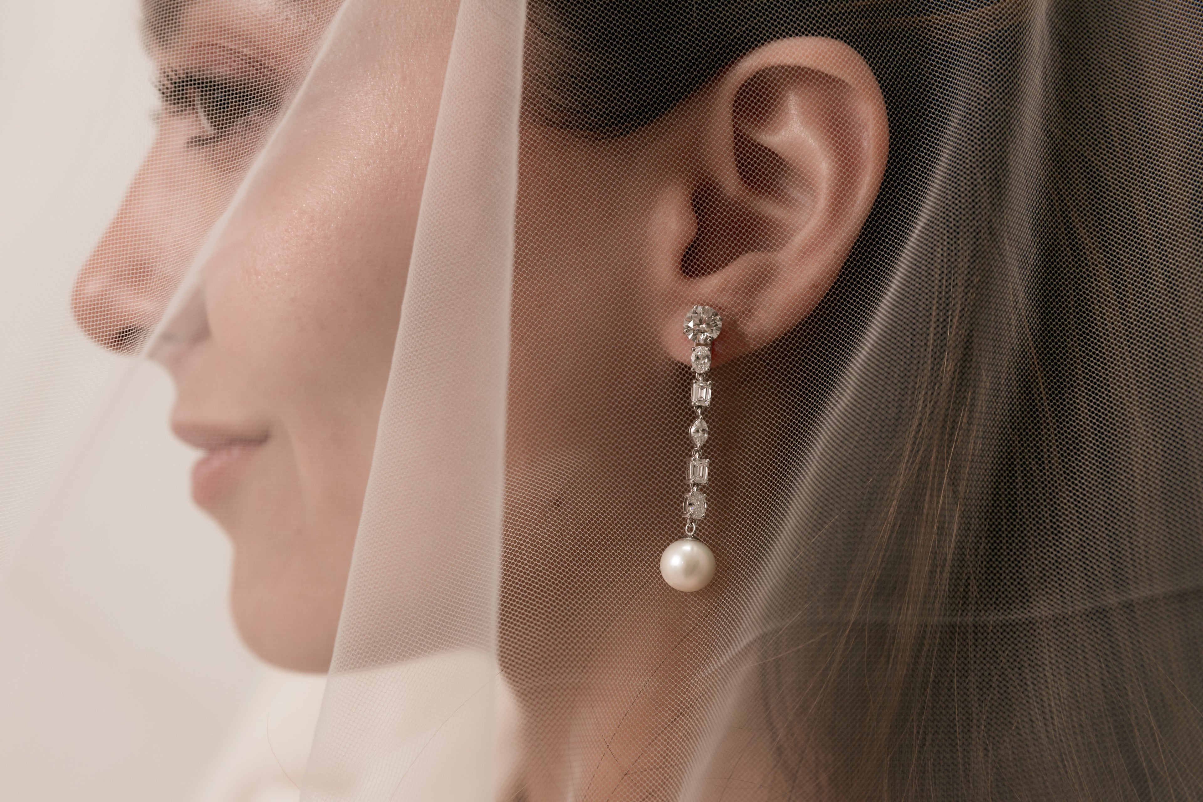 Veil Pearl and Lab Diamond Long Earrings