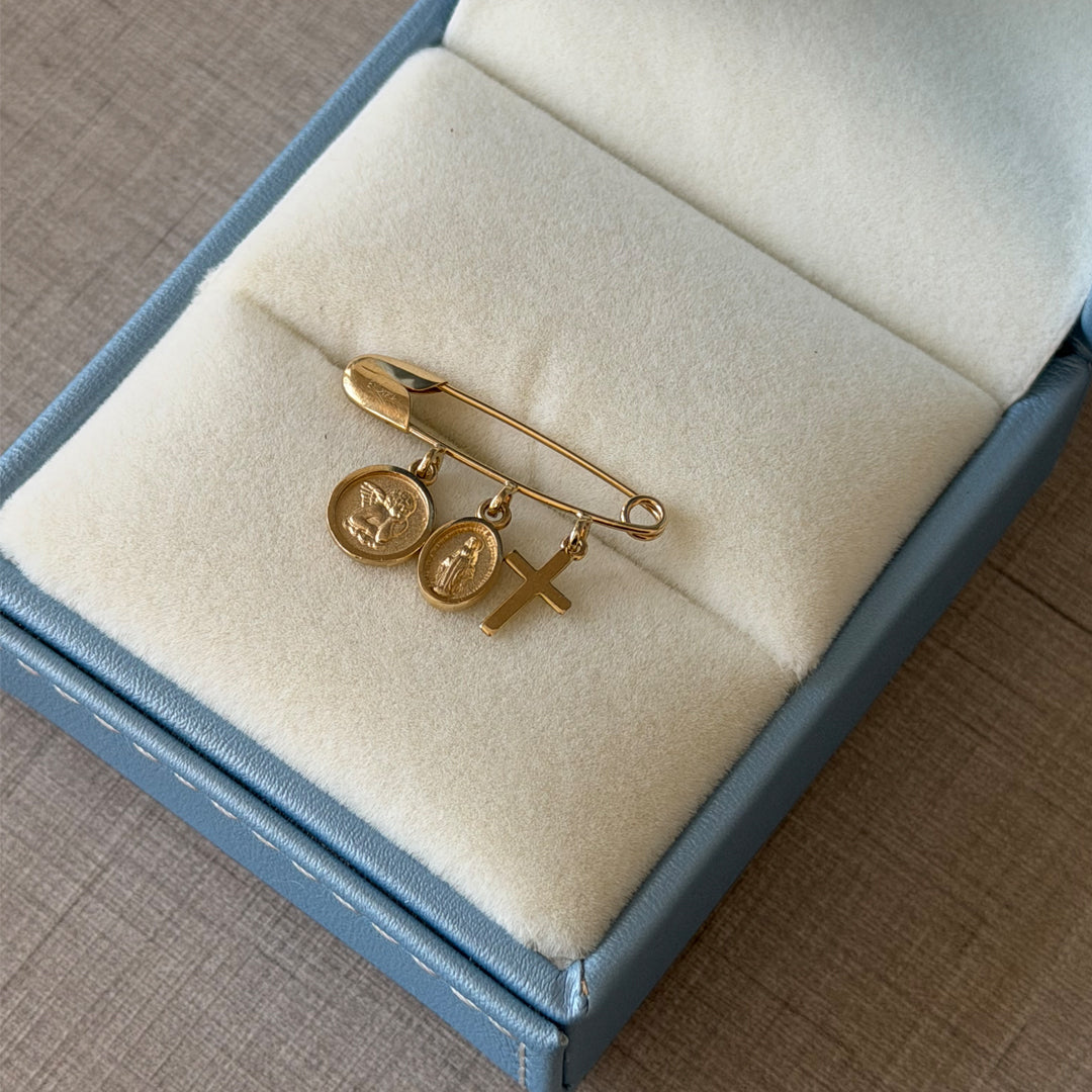Baby Gold Pin with Guardian Angel, Miraculous and Cross